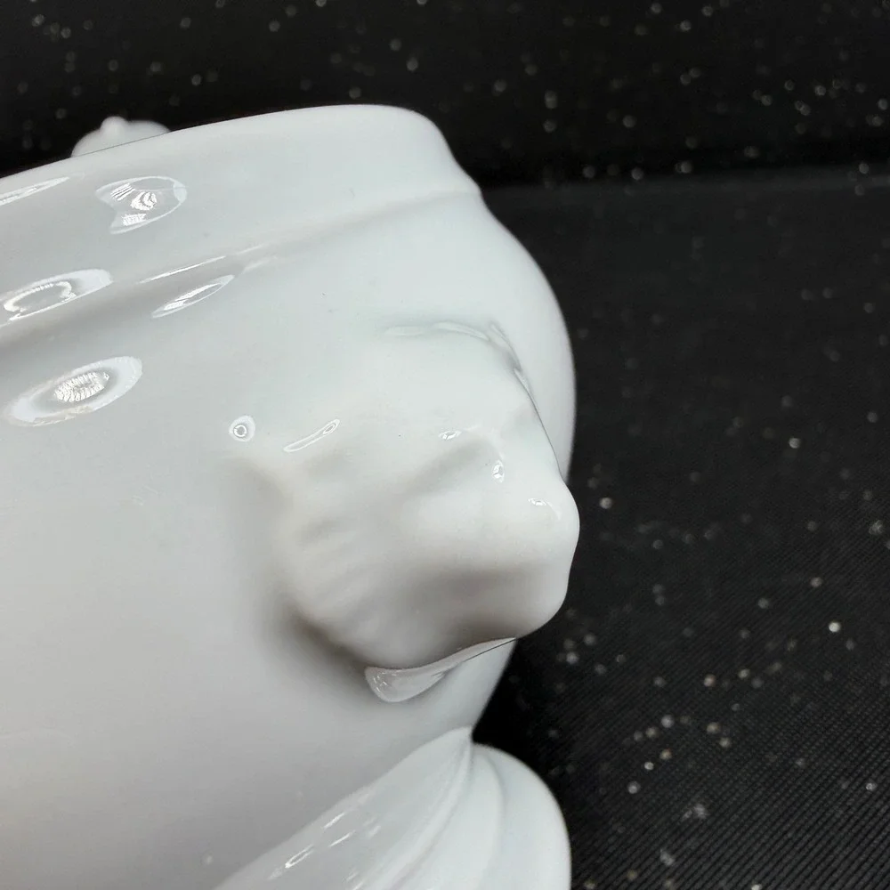 Apilco France White Porcelain Lion Head Dish w Lid Footed Bowl Container Jar